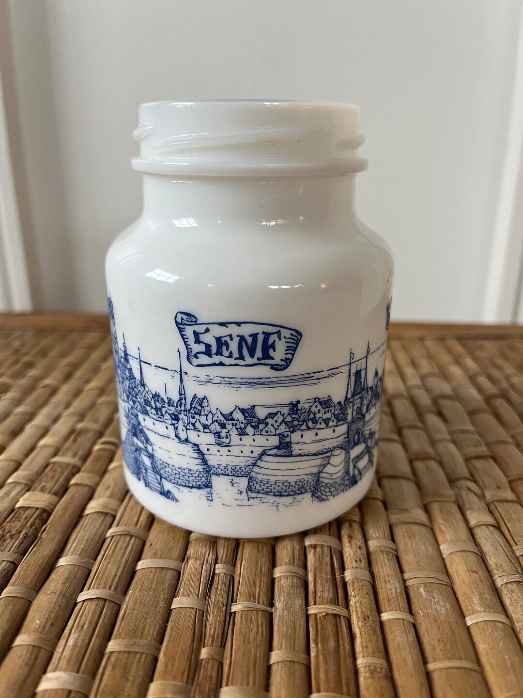 German Mustard Jar, Vintage Milk Glass White Blue, NO LID, Senf, Moutard, Mosterd, Vase