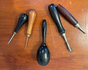 Vintage sewing knitting tools, set of 5, darning egg, crochet, craft, leather tool
