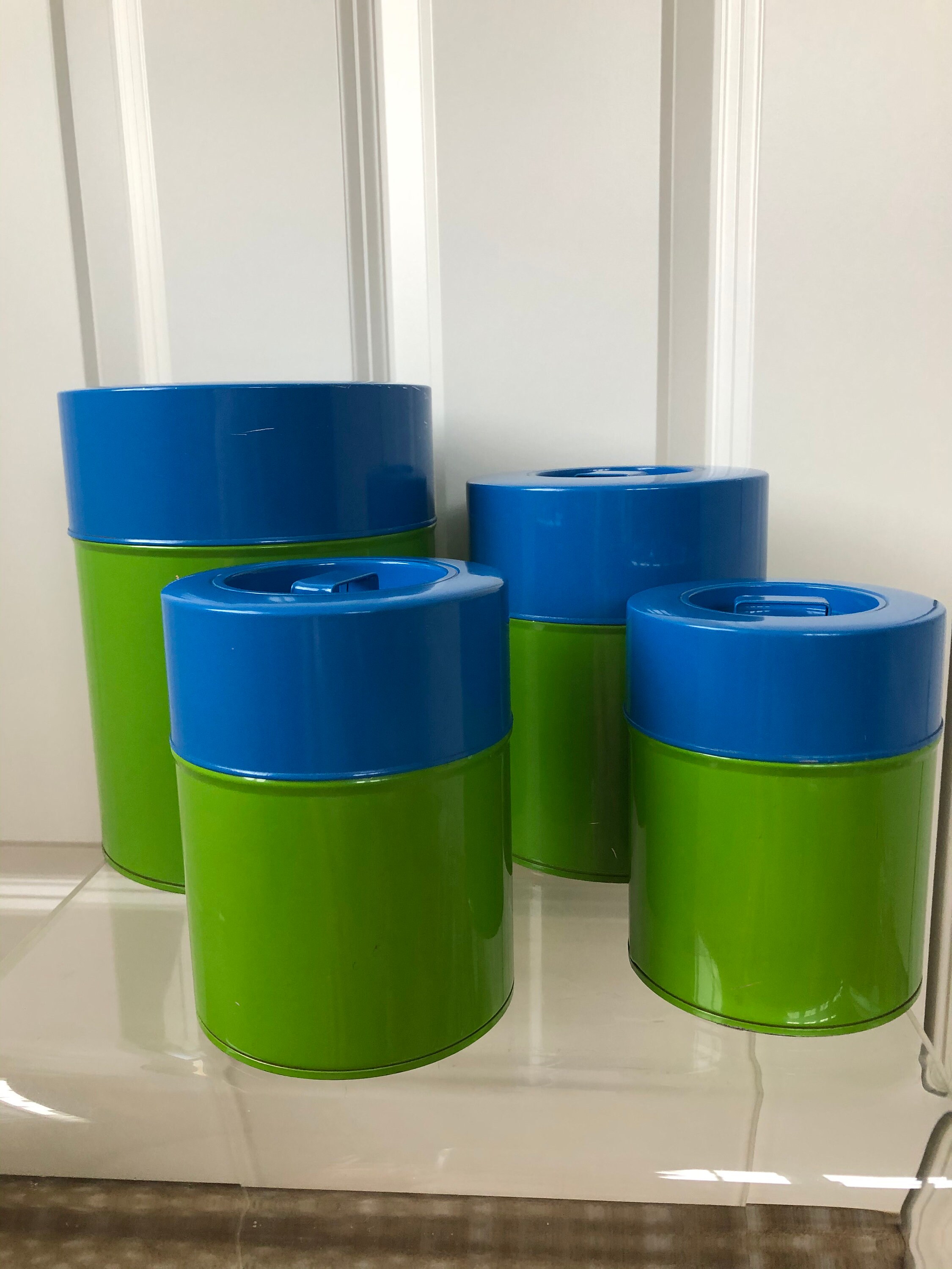 Green blue canisters metal canisters set of 4 mid century Etsy