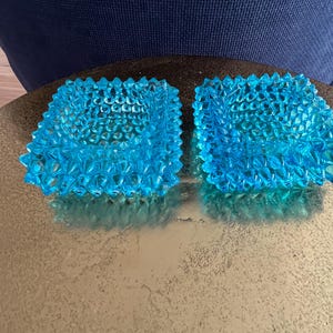 Turquoise Depression Glass vintage English Hobnail Open Salt Cellars, set of two (2) pair, Square Tableware, candle votive
