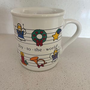 Christmas mug, vintage 1980s Joy to the World music carols, Hallmark