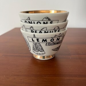 Fornasetti-Style Cocktail Bowls, set of 3 LEMONS, ONIONS, PEANUTS, black white gold, rare