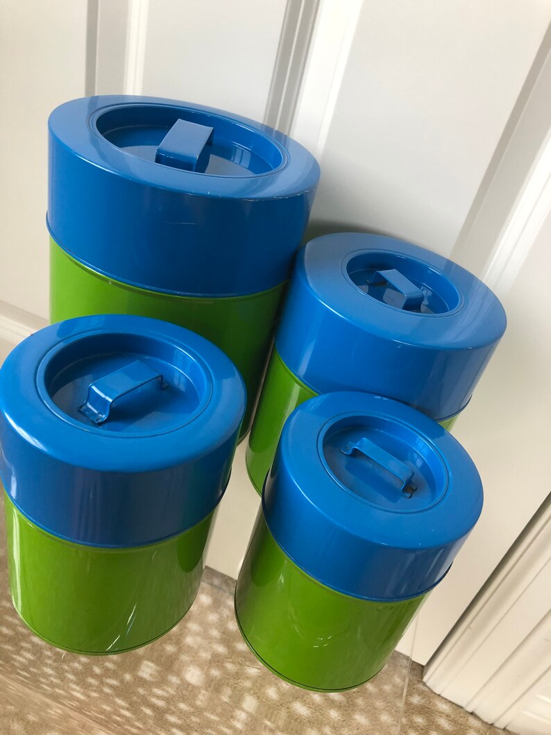 Green blue canisters metal canisters set of 4 mid century Etsy