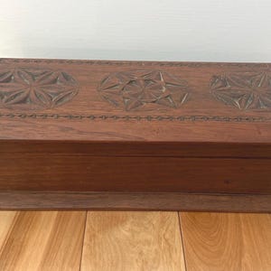 Carved Wooden Box, vintage Storage Box, 14&quot; x 5&quot; jewelry box trinket box folk art