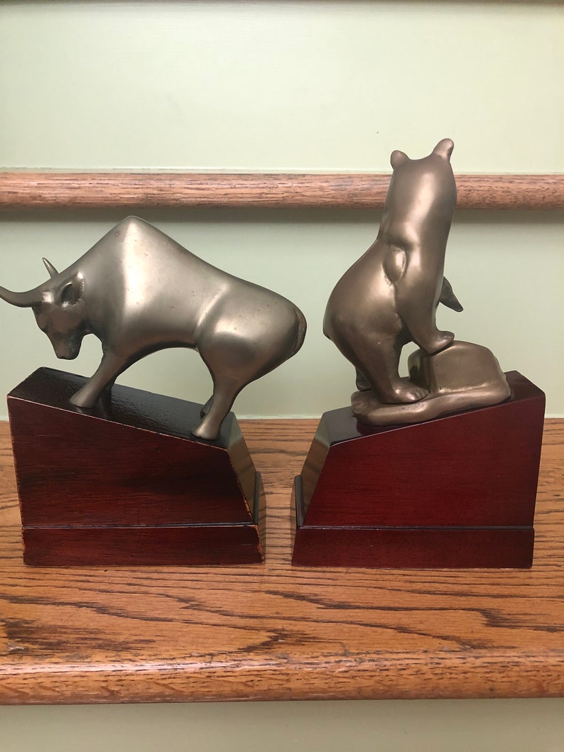 Bull Bear Bookends Vintage Solid Brass on Wood Stock Market Etsy