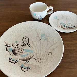 RED WING POTTERY Bob White Quail Mid Century Modern Dinnerware, Hand-Painted Bird Design