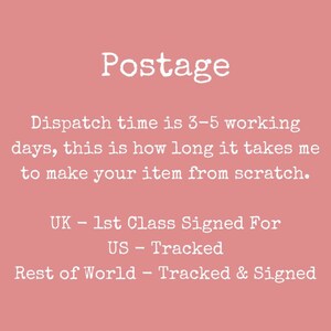 May include: Postage information for a shop. Dispatch time is 3-5 working days. Shipping options include 1st Class Signed For for the UK, Tracked for the US, and Tracked & Signed for the Rest of the World.