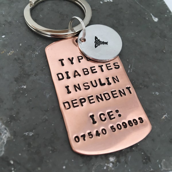 Medical ID Alert Keyring, Personalised Allergy Awareness Gift, Custom Copper Keychain, Hand Stamped