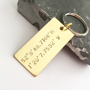 Brass Coordinates Keyring, Personalised Gift, Hand Stamped, Custom Keychain