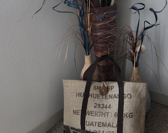 Upcycled Coffee Sack Burlap Tote Bag – Handmade Eco Friendly Market & Beach Bag with Lining and Zipper Pocket