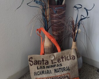 Upcycled Coffee Sack Burlap Tote Bag – Handmade Eco Friendly Market & Beach Bag with Lining and Zipper Pocket