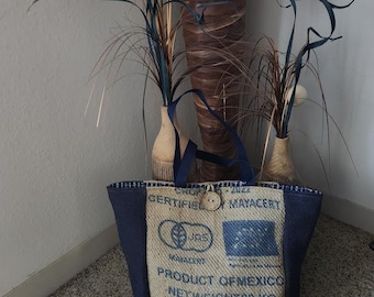 Upcycled Coffee Sack Burlap Tote Bag – Handmade Eco Friendly Market & Beach Bag with Lining and Zipper Pocket