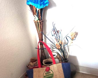 Upcycled Coffee Sack Burlap Tote Bag – Handmade Eco Friendly Market & Beach Bag with Lining and Zipper Pocket
