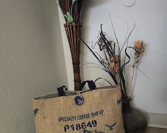 Upcycled Coffee Sack Burlap Tote Bag – Handmade Eco Friendly Market & Beach Bag with Lining and Zipper Pocket