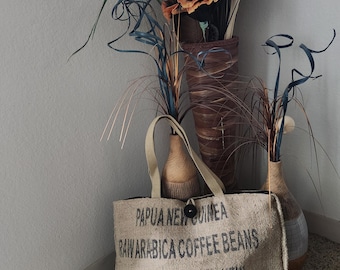 Upcycled Coffee Sack Burlap Tote Bag – Handmade Eco Friendly Market & Beach Bag with Lining and Zipper Pocket