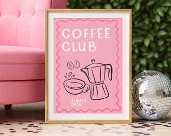 Rosa Coffee Club Druck, Retro Cafe Dekor Wand Kunst Poster (Digitaler Download)