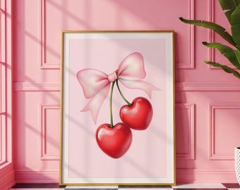 Coquette Pink Bows Heart Cherry Print Digital Trendy Wall Art Retro Aesthetic Cherries Dorm Room Decor Girly Preppy Printable Red Poster