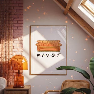 Amis, je serai là-bas, impression sur le canapé, citation pivotante, art mural Central Perk, décoration d&#39;appartement, porte violette, cadre jaune, personnage, affiche des fans