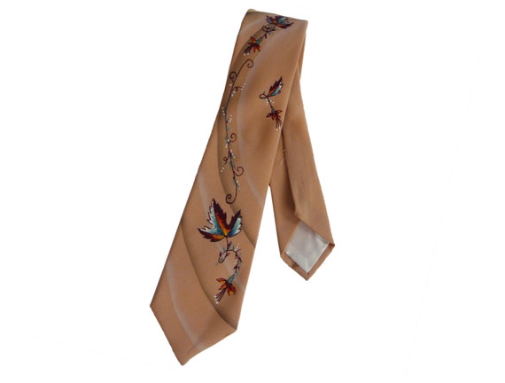 1950s Hand Painted Rayon Necktie with Leaf Design - image 1