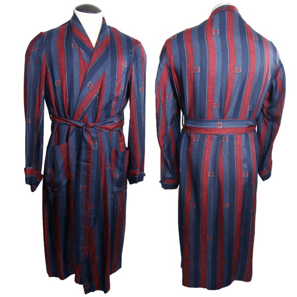 Mens Vintage 1950s to 1960s Silk Robe in Navy Blue and Red Stripes B. Altman and Co. Medium