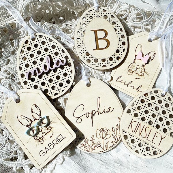 Easter Basket Name Tags - Boho Vintage Rattan Wood East Basket Tags - Personalized Easter Bunny Basket Tag Labels - Bunny With Glasses
