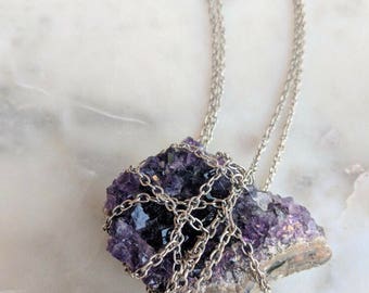 Silver Chain Wrapped Amethyst Necklace