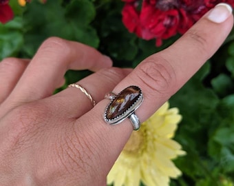 Brown Flashy Opal Sterling Silver Ring