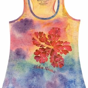 May include: A tie-dye tank top with a pink hibiscus flower design and the text "Aloha Hawaii".