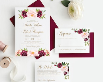 Burgundy Rustic Floral Wedding Invitation, Invitation Suite, Marsala Wedding Invitation, Editable Wedding Invite, Instant Download