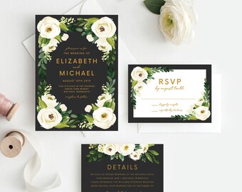 Greenery Floral Wedding Invitation Template, Flower, Floral, Green Leaves, Sprigs, Script, Greenery, Leaves, Foliage, Organic, 105