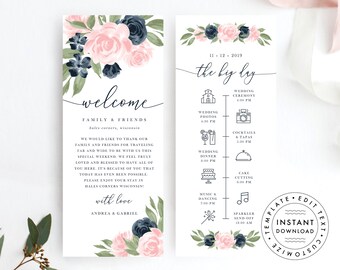 Wedding Itinerary Template, Blush Pink and Navy Blue Floral Design 137V1WED