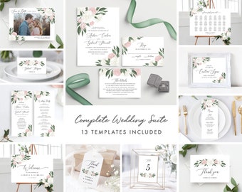 Blush Pink and White Floral Complete Wedding Template Bundle