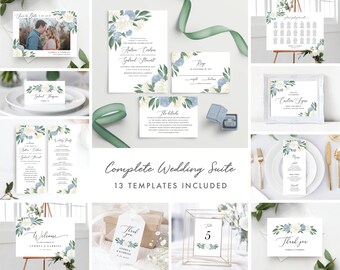 Dusty Blue and White Floral Complete Wedding Template Bundle