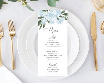 Wedding Menu Template with Greenery and Dusty Blue Floral Design, Fully Editable Colors and Wording with Templett, 137V15