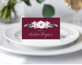 Wedding Place Cards Printable Template, Folded Wedding Place Cards, Escort Cards, Marsala Burgundy Floral Watercolor 139V3