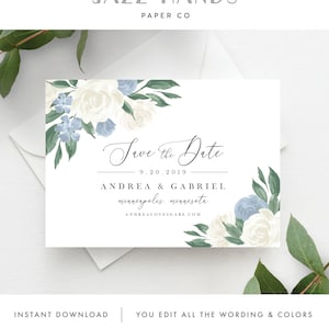 Printable Save the Date Template, Editable Save the Date Card, Calligraphy Save the Date, Dusty Blue Floral, Templett, Save the Dates 137V8