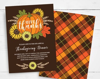 Thanksgiving Invitation Template, Give Thanks, Thanksgiving Feast, Thanksgiving Party, Thanksgiving Dinner, Rustic, Pumpkin, Fall