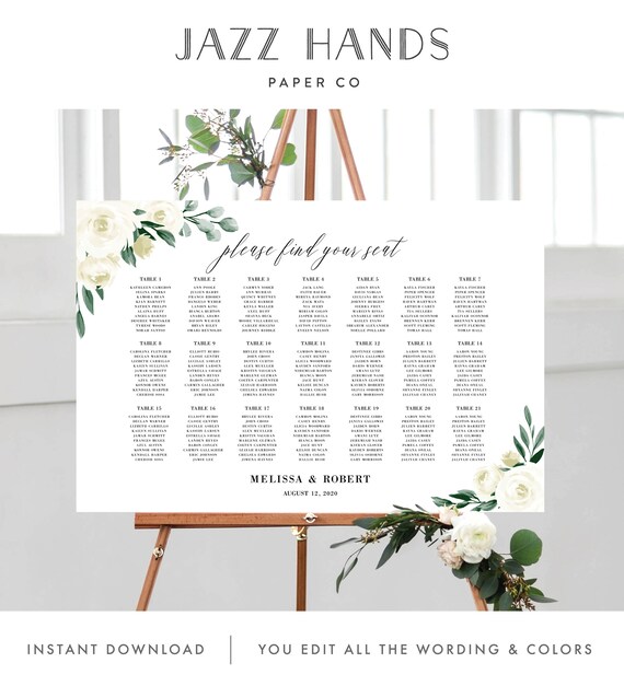 Wedding Seating Chart Template, Greenery and White Floral, Fully Editable Colors and Wording with Templett, 139V1 Il_570xn