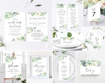 Greenery Wedding Invitation Template Bundle, Program, Menu, Welcome Sign, and More! Edit with Templett