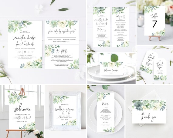Greenery Wedding Invitation Template Bundle, Program, Menu, Welcome Sign, and More! Edit with Templett Il_570xn