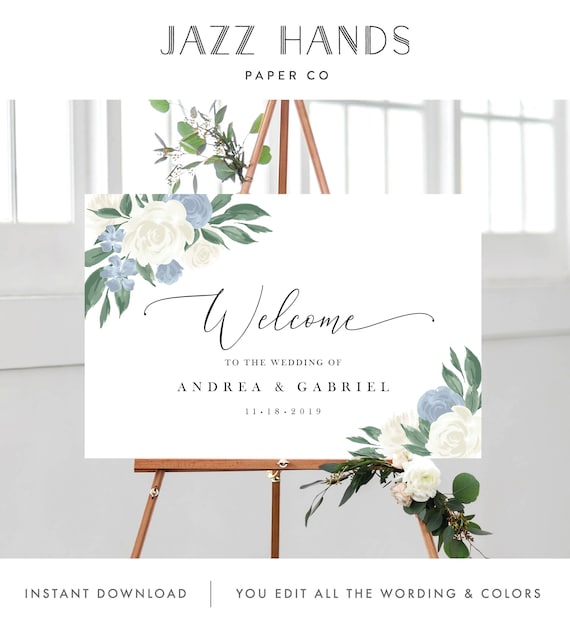 Printable Wedding Sign #B97 Dusty Blue Wedding Welcome Sign Template Templett Blue Floral Wedding Welcome Sign