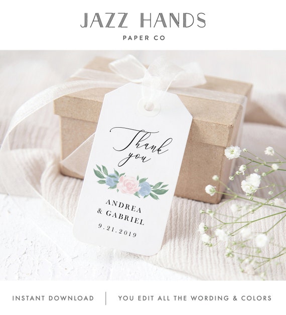 Wedding Favor Gift Tags Template with Dusty Blue and Pink Floral Design, Fully Editable with Templett, 137V10 Il_570xn