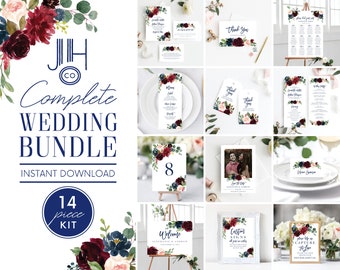 Wedding Invitation Template Kit, Burgundy Marsala Navy Floral Blush, Program Template, Save the Date Template, Welcome Sign, Seating Chart