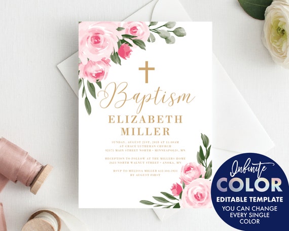 Baptism Invitation Girl, Instant Download Template, Blush Floral and Gold, Colors and Text Fully Editable Invite, Edit with Templett Il_570xn