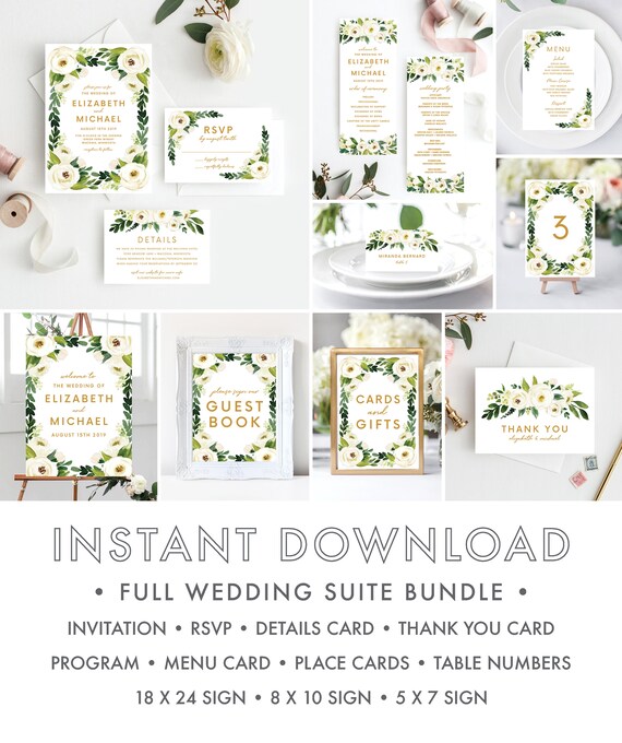 11 Piece Instant Download, Wedding Invitation Template Kit, Greenery