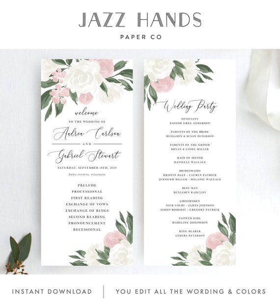 Wedding Program Template With Blush Pink And White Floral Design