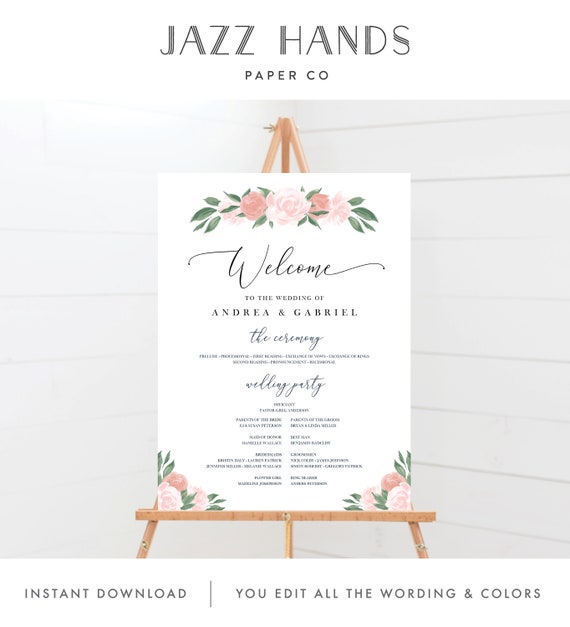 Wedding program Sign, Welcome Wedding Sign, Pink and Coral Program Sign, Template, Instant Download, Templett, 137V13 Il_570xn