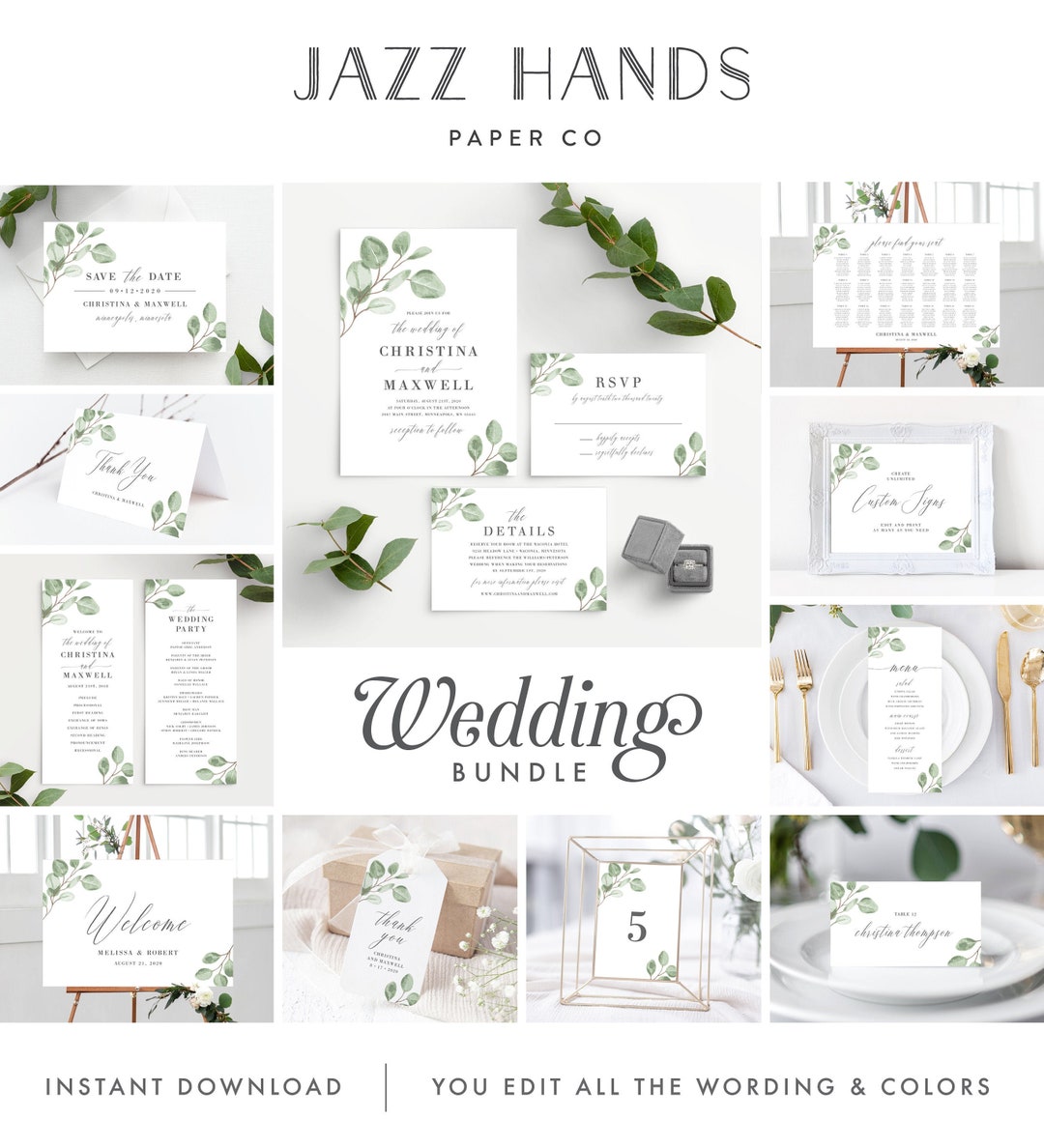 Eucalyptus Wedding Invitation Template Bundle Minimal - Etsy