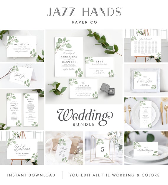 Eucalyptus Wedding Invitation Template Bundle , Minimal Greenery Wedding Invite Suite Instant Download, 139V6 Il_570xn