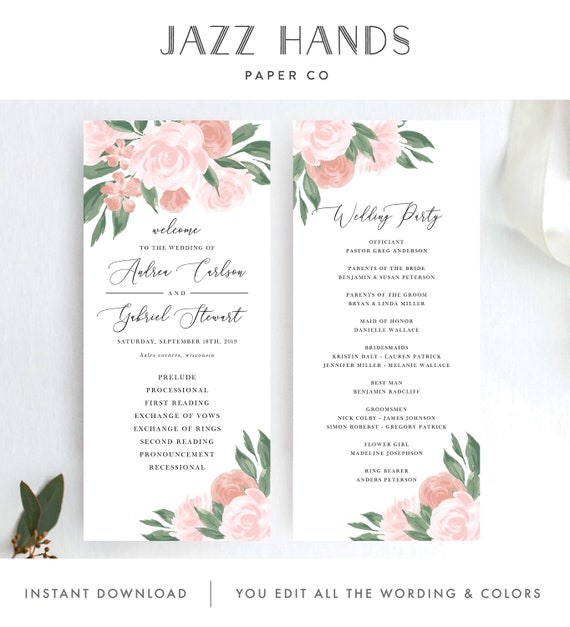 Wedding Program Template With Pink And Coral Floral Design Fully